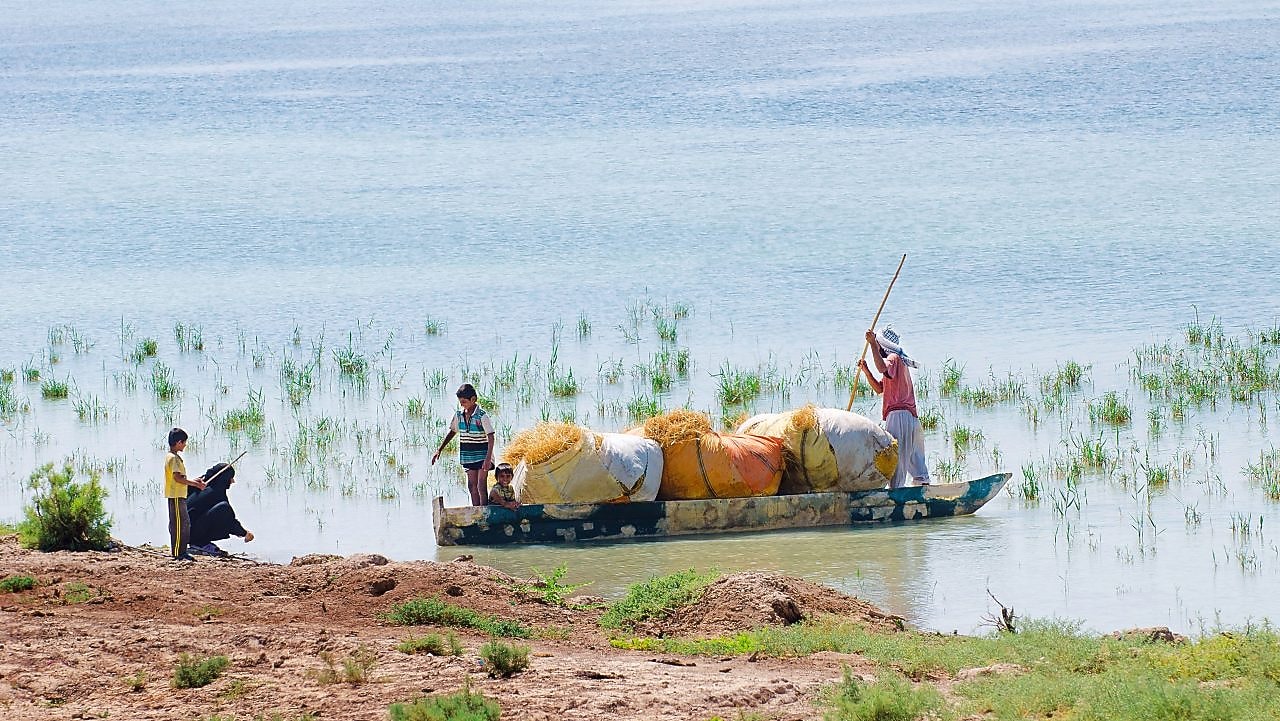 Irak'ta Majnoon projesi yakınında sele kapılan Hawizeh Bataklığı'nı geçen yerel halk 