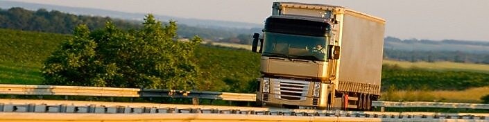 Karayolunda yol alan kamyon, arka planda yeşil kırsal alan