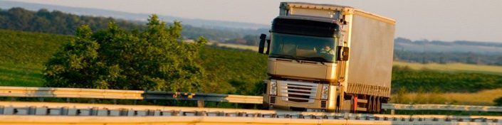 Karayolunda yol alan kamyon, arka planda yeşil kırsal alan