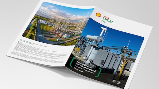 Shell MIDEL 7131 ürün broşürünün yüzü aşağı açık bir maketi.