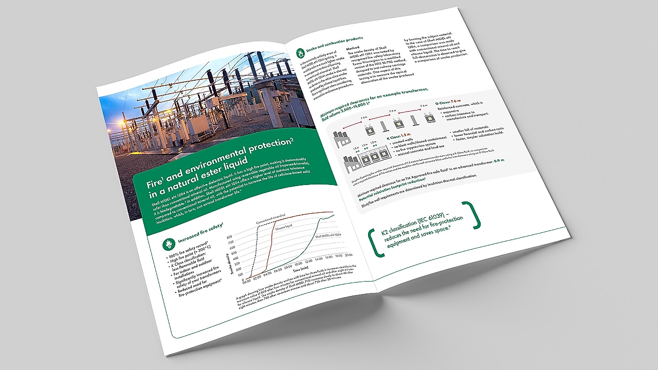 Shell MIDEL en 1204 ürün broşürünün rastgele bir sayfasında açık bir maket.