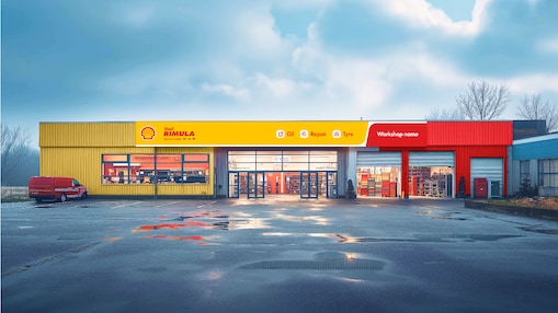 Shell markalı ağır vasıta servisi görünümü Binanın Shell pekten ve Shell Rimula logolu sarı kırmızı cephesi öne çıkmaktadır.