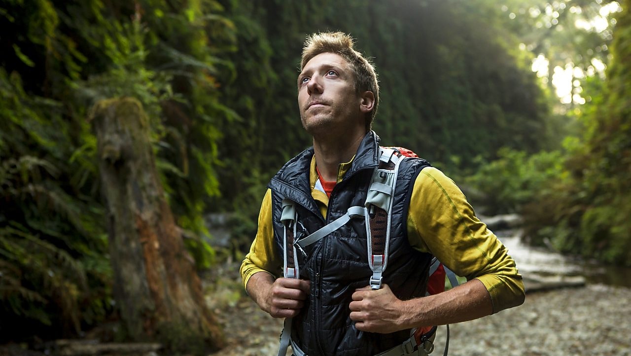 genç bir adam Redwood ormanında bisiklet sürüyor.