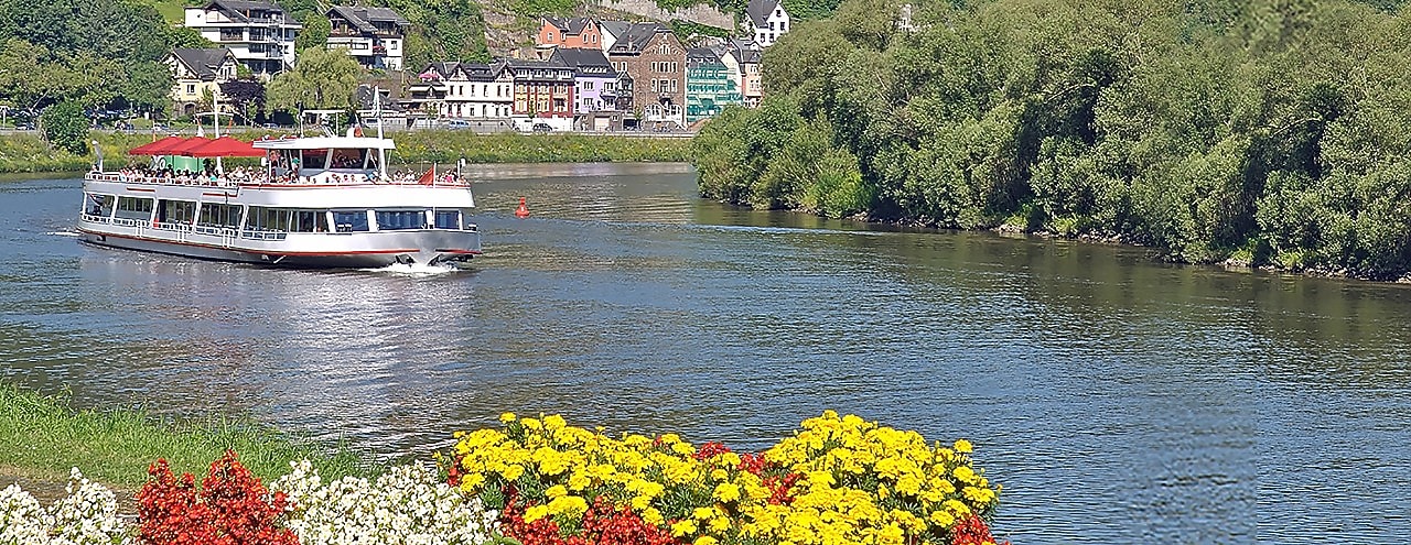 Arka planda güzel bir Avrupa şehriyle, suda ilerleyen bir vapur