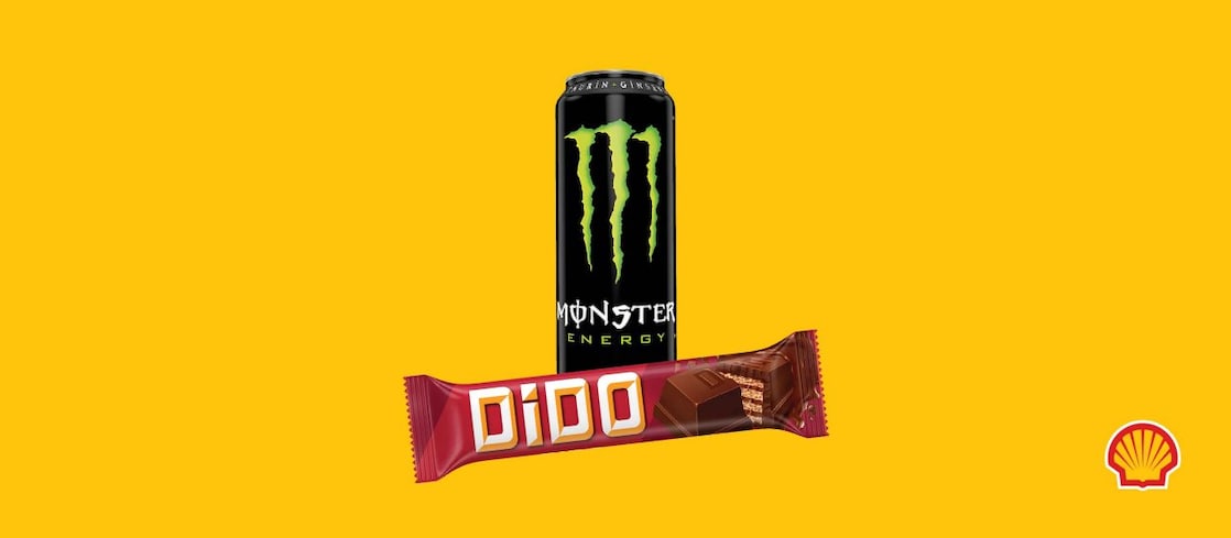 Bu görselde, Dido yanında Monster enerji içeceği yüzde indirimli kampanyamız görünüyor.